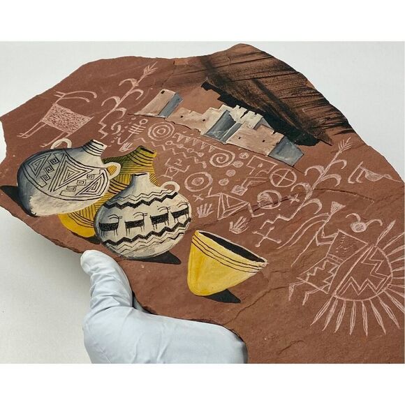 Marc Begay Navajo Native American Handpainted Petroglyphs Red Rock Stone Signed - Picture 3 of 6